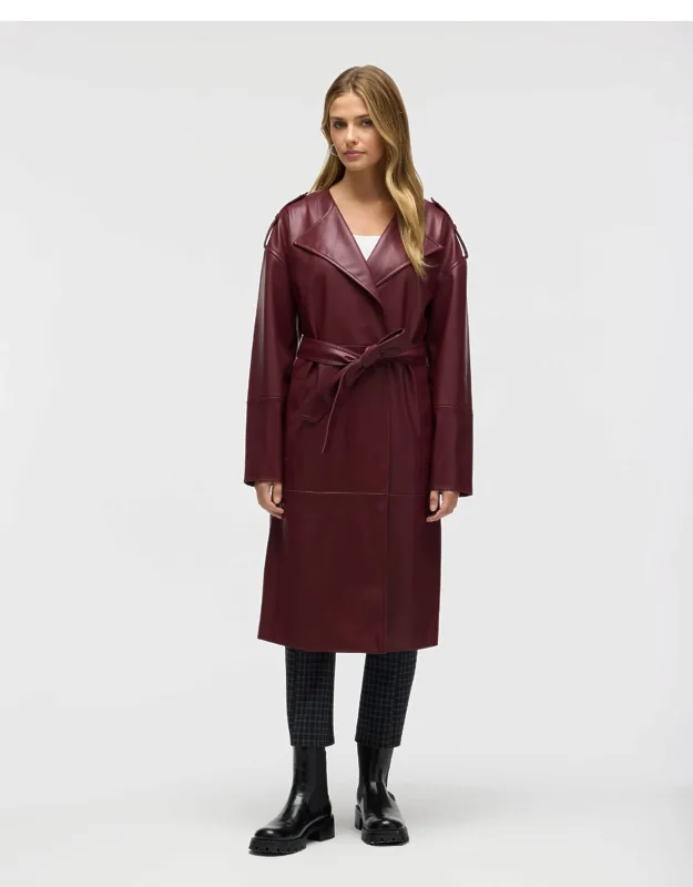 Poet Lapel Belted Faux Leather Trench Coat