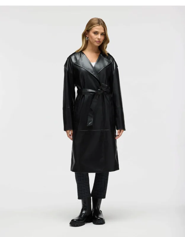 Poet Lapel Belted Faux Leather Trench Coat
