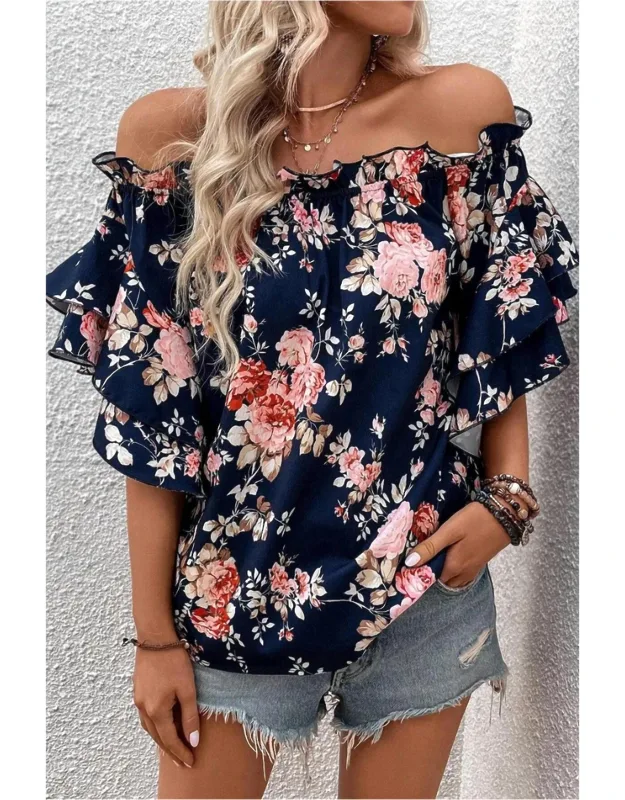 Ruffle Off Shoulder Flounce Sleeve Floral Blouse