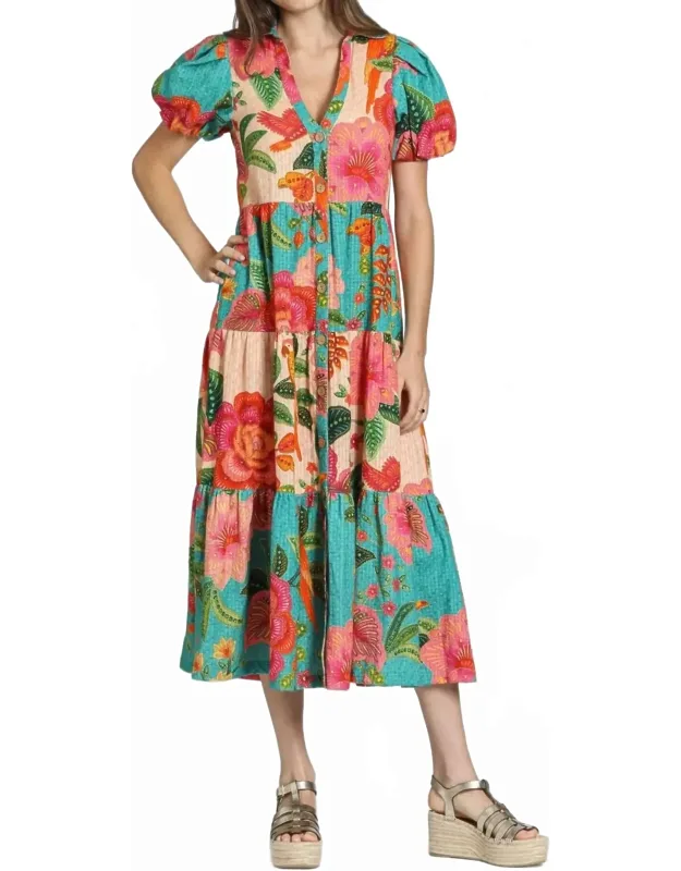 Mixed Print Long Tiered Dress