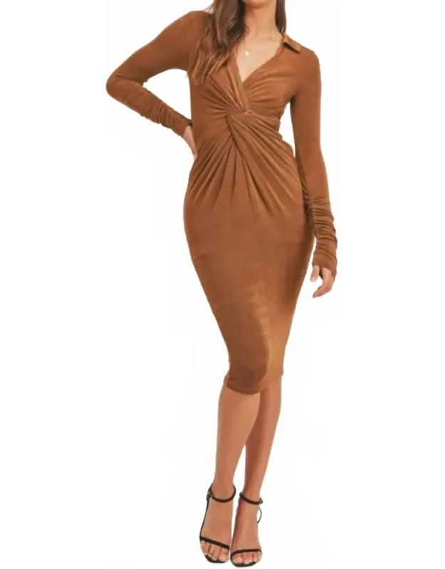 Slinky Long Sleeve Collared Midi Dress