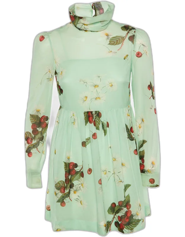 Floral Cherry Print Silk Mini Dress