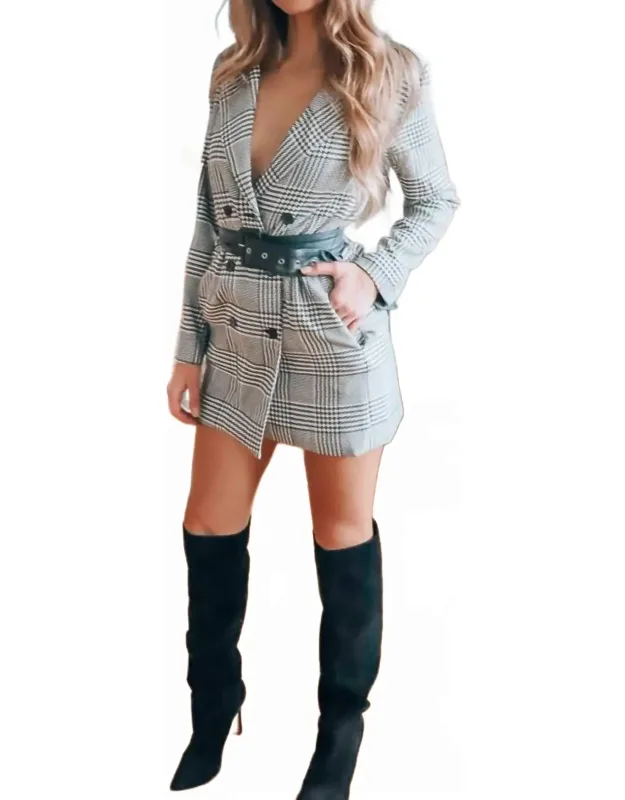 Houndstooth Long Sleeve Belted Blazer Dress