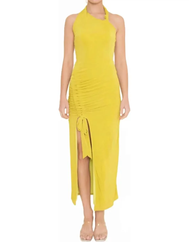 Ruched Drawstring Sleeveless Halter Dress