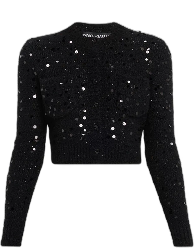Sequined Wool Crop Crewneck Cardigan