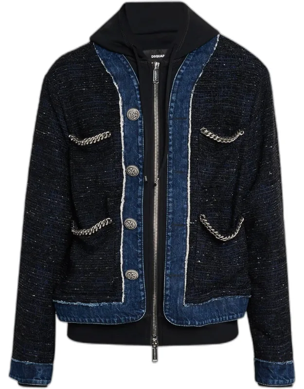 Denim Boucle Chain-trim Hoodie Jacket