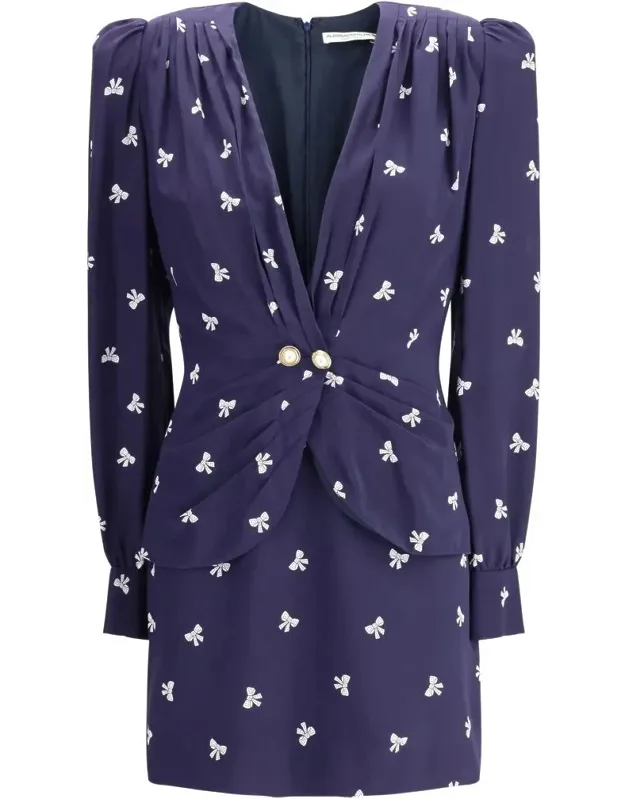 Bows Patterned Short Dress With Padded Shoulders And Jeweled Buttons