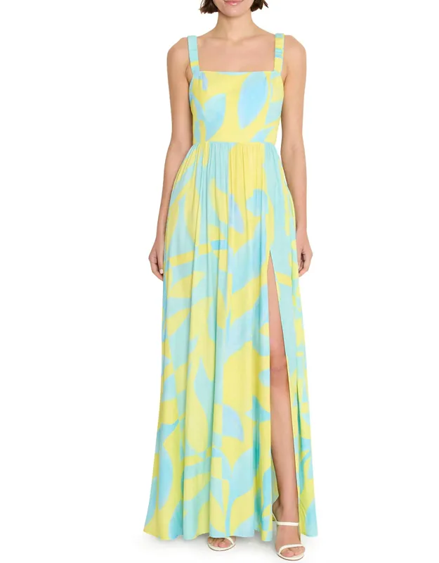 Florence Maxi Dress In Echo Print With High Slit And Fitted Bodice