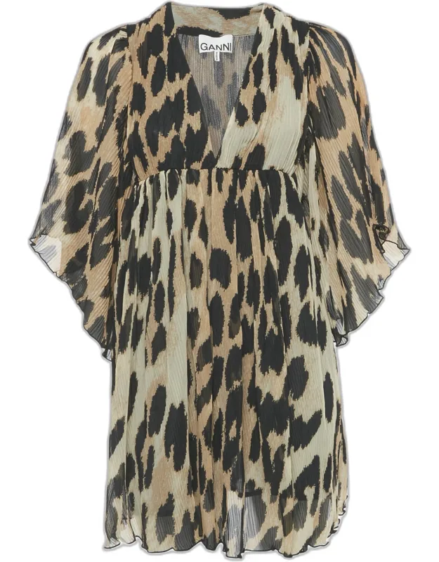 Leopard Print Plissé Crepe De Chine Mini Dress
