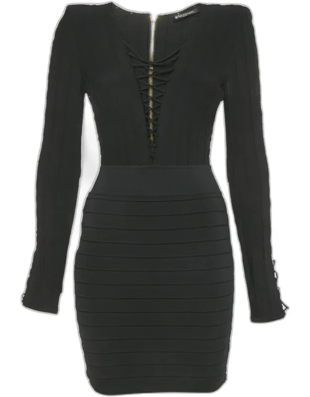 Knit Lace-up Long Sleeve Mini Dress