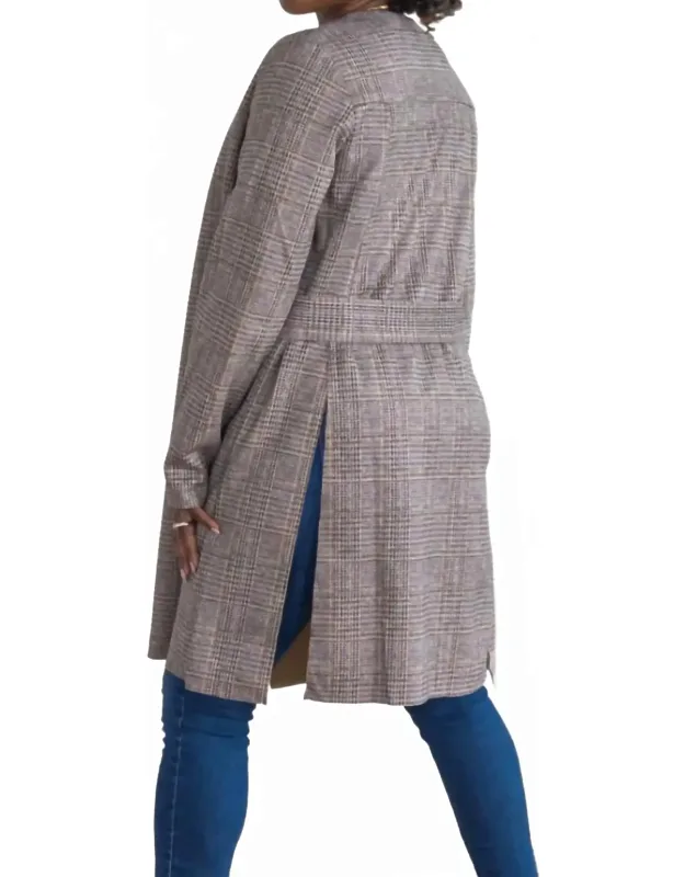 Plaid Suede Longline Side Slitted Hem Blazer