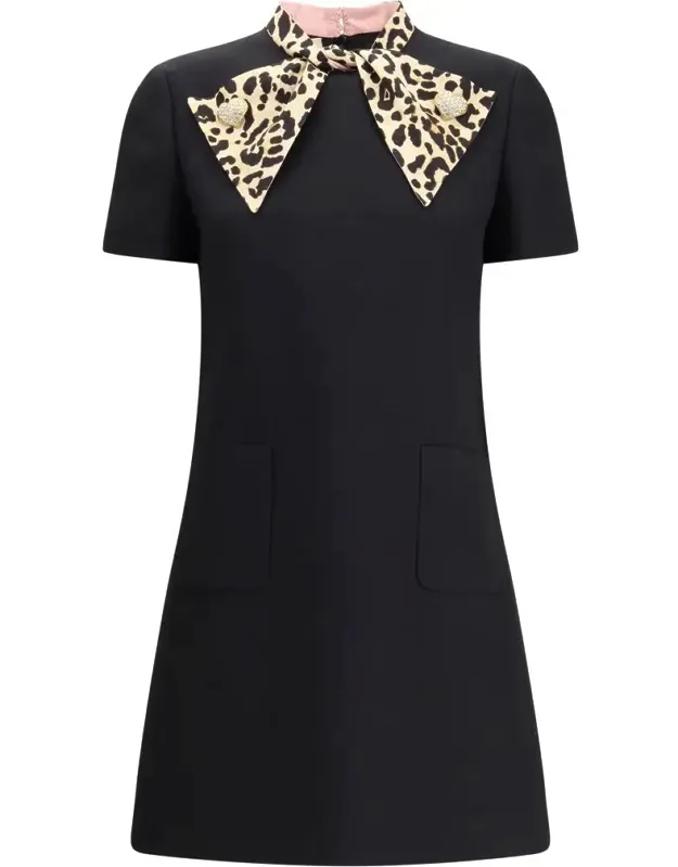 Valentino Garavani Crepe Couture Short Dress With Elegant Animal Bow And Jeweled Buttons