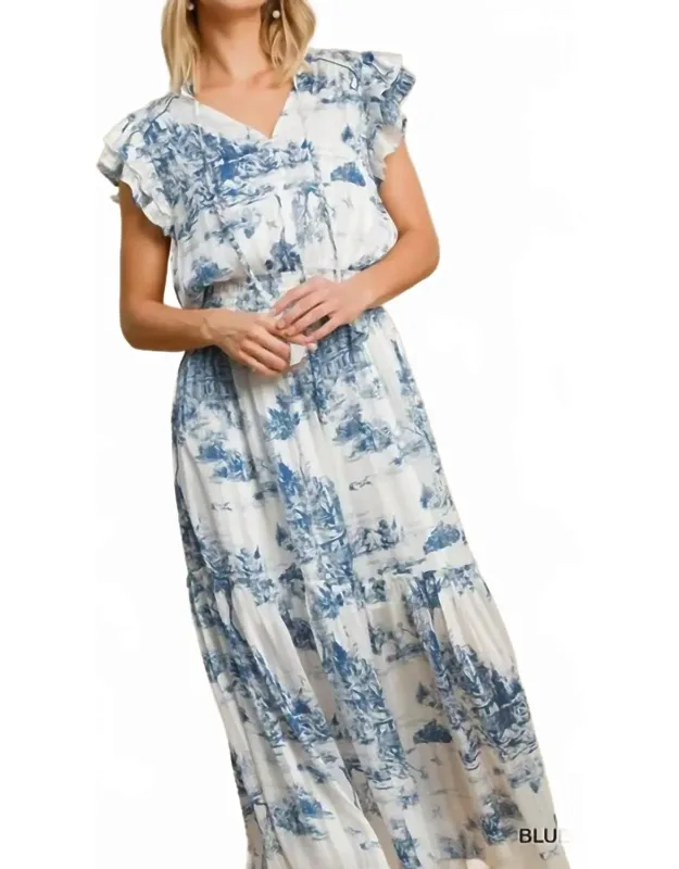 Two Tone Landscape Print Midi Dress