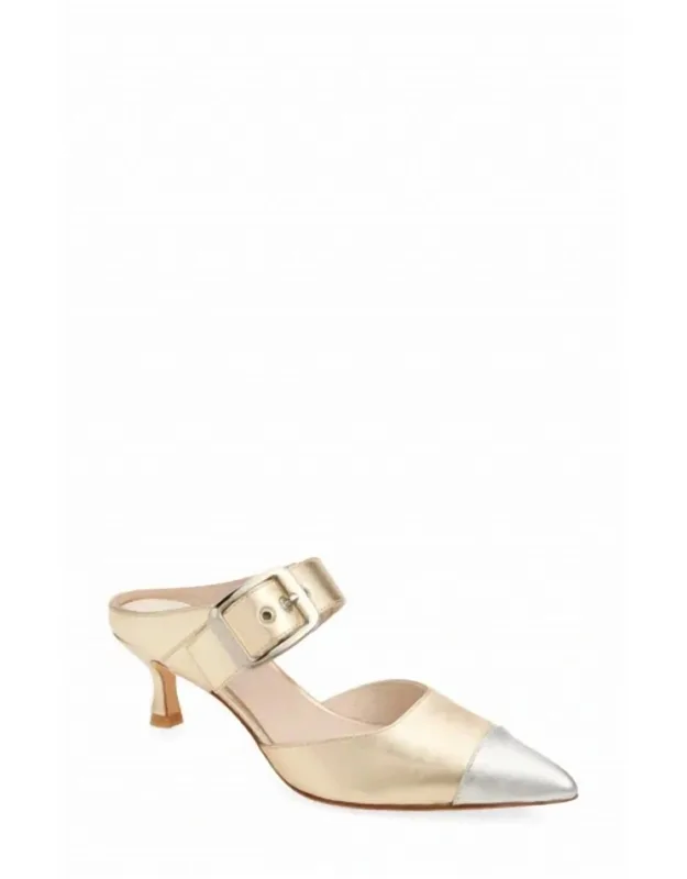 Pointed Cap Toe Kitten Heel Mules In Metallic Leather