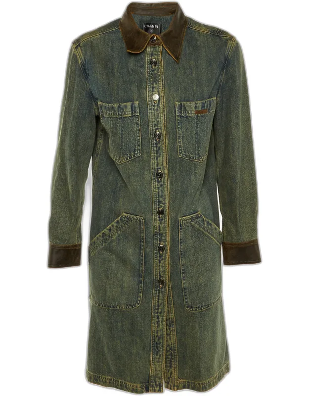 Denim And Leather Collar Button Front Coat