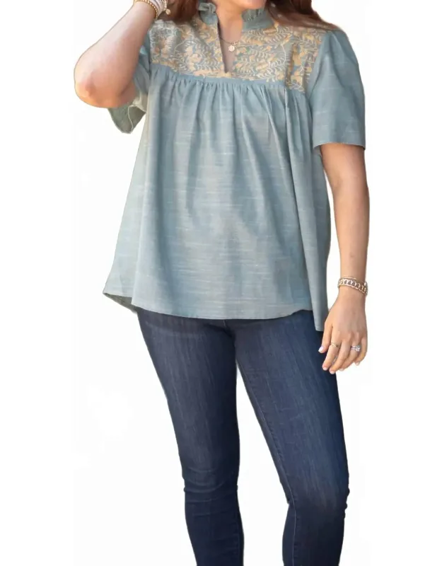 Embroidered Ruffle Collar Top