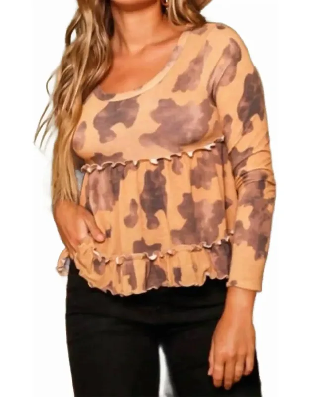 Cow Print Knit Ruffled Babydoll Top