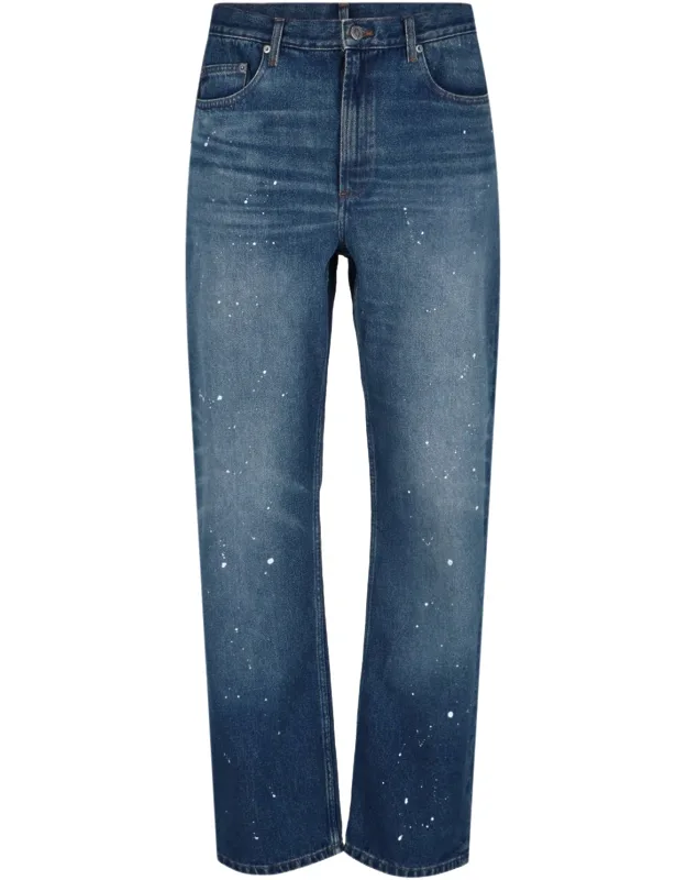 Straight Jeans With Distressed Wash And Patent Leather Details