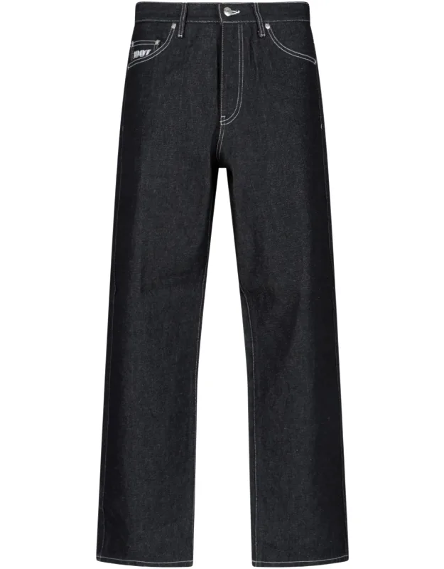 Baggy Jeans With Wide Leg And Contrast Logo Embroidery