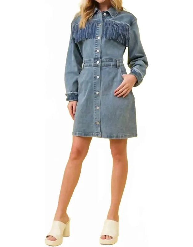 Studded Fringe Western Denim Dress