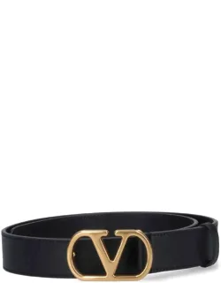 "vlogo Signature Belt In Hammered Leather With Gold Metal Buckle"