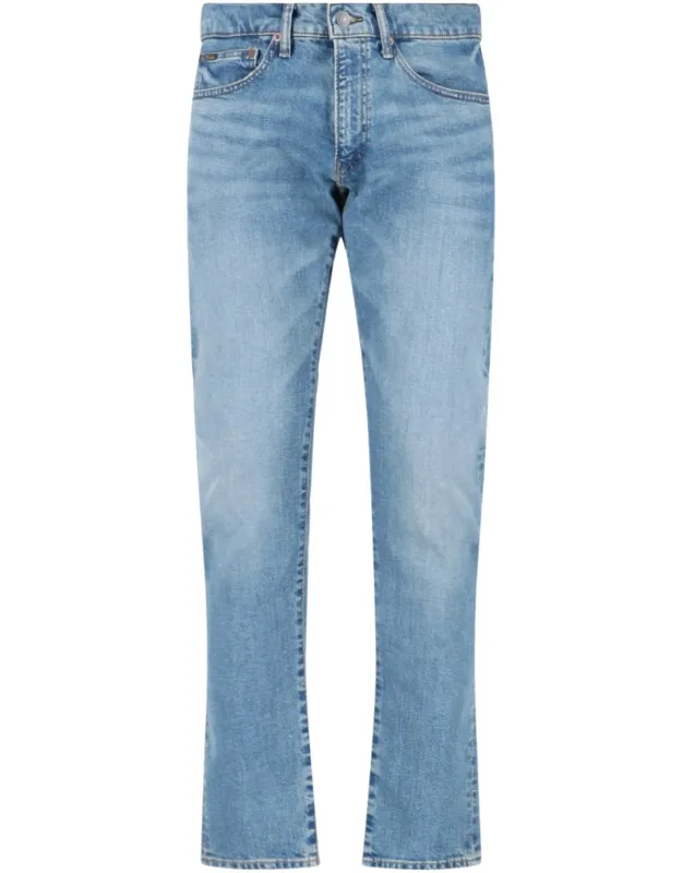 Straight Jeans With Distressed Wash And Logo Embroidery