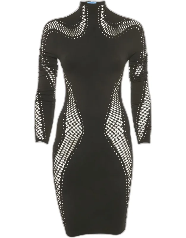 Nylon Knit Perforated Detail High Neck Bodycon Dress
