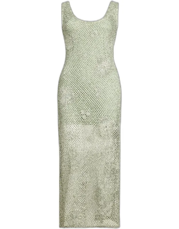 Embroidered Crochet Midi Dress
