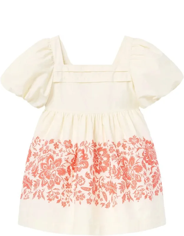 Floral Border Puff Sleeve Dress