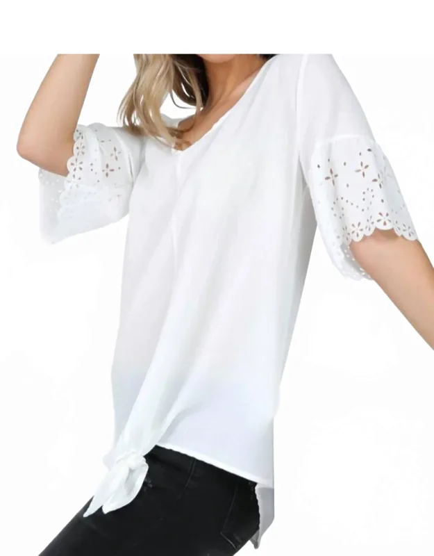 Laser Cut Short Sleeve V Neck Top With Tie
