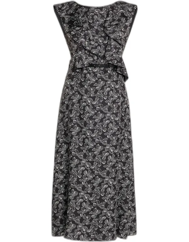 Bow-print Ruffle Backless Midi Dress