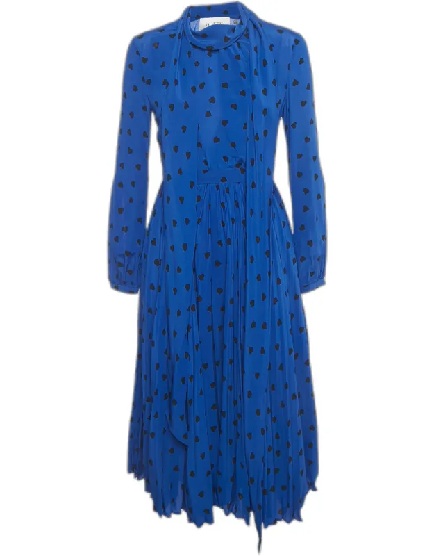 Heart Print Silk Pleated Midi Dress