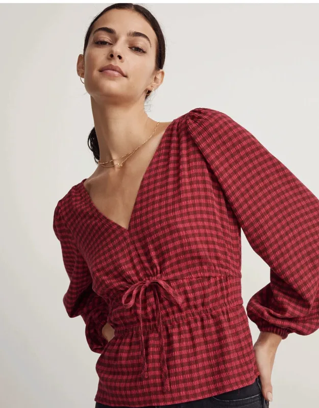 Saffi Peplum Top Drapey Crinkle Plaid Stretch Smoked