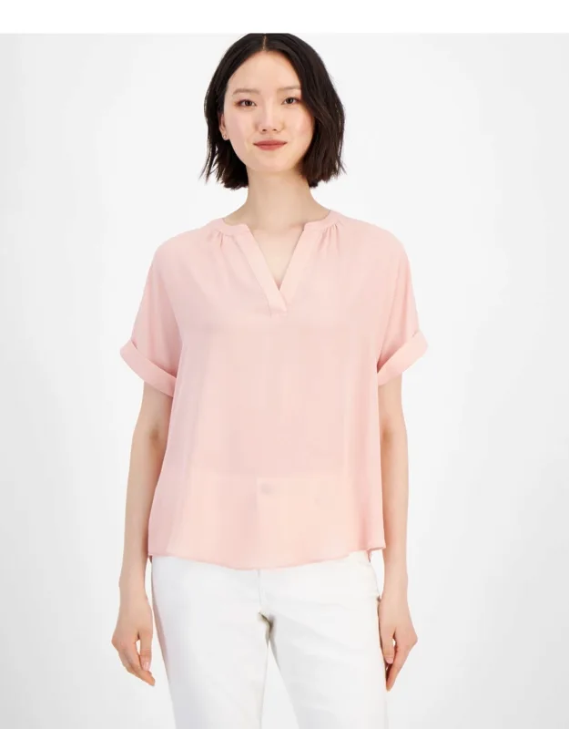 Top Short Sleeve Rolled Cuff Split Neck Pullover