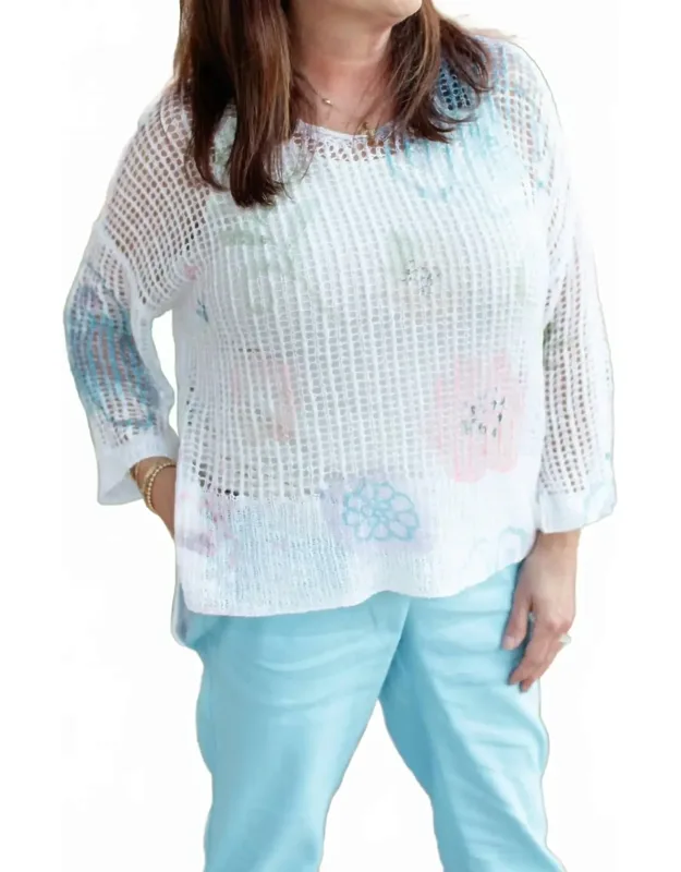 V-neck Watercolor Printed Fishnet Sweater