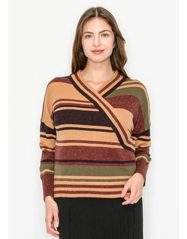 Crossover V-neck Striped Sweater