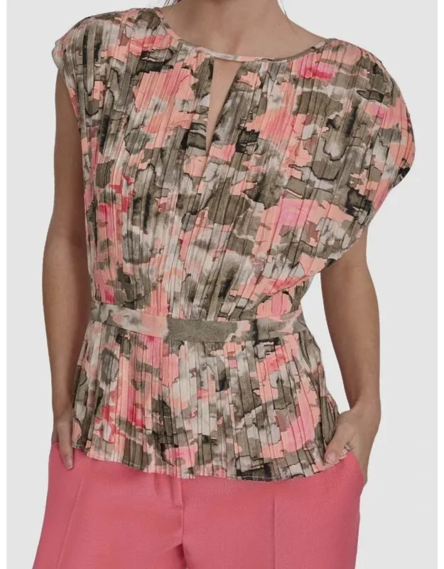 Pleated Cinched Waist Keyhole Neck Sleeveless Top