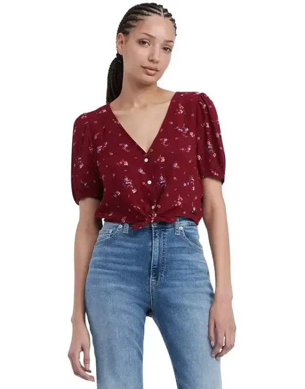 Blouse With Mountain Floral Short Sleeve And Tie Front