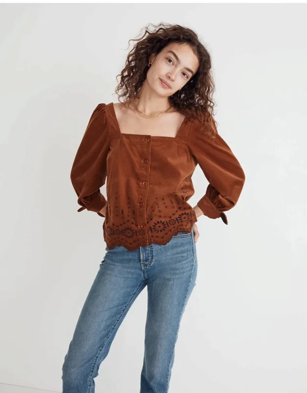 Top Corduroy Embroidered Eyelet Tie Sleeve
