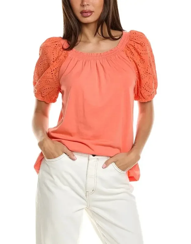 Top With Eyelet Smocked Neck And Puff Sleeves