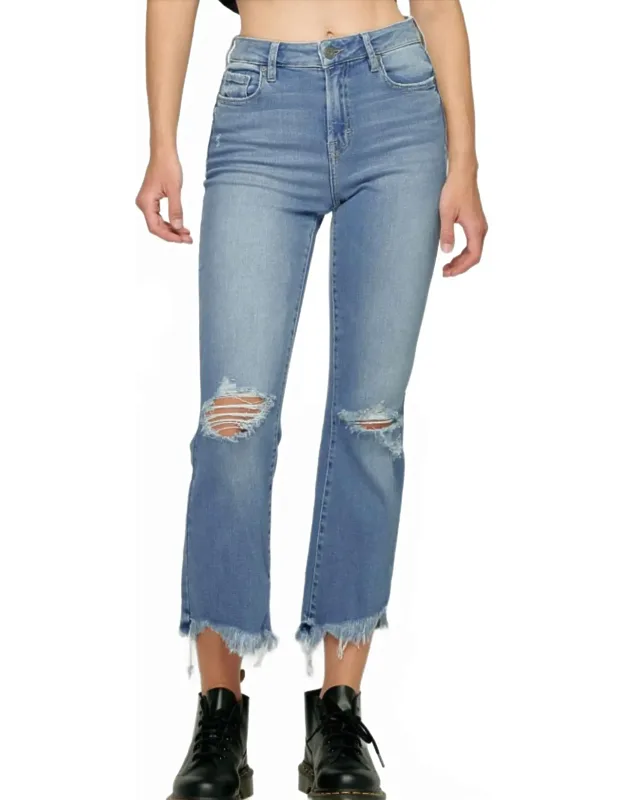 High Rise Cropped Flare Jeans With Uneven Hem