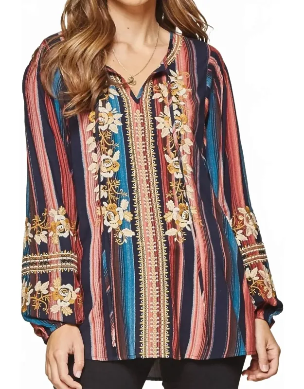 Striped And Embroidered Top