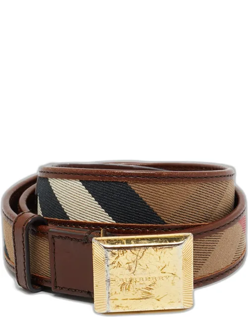 House Check Canvas And Leather Logo Plague Belt 85cm