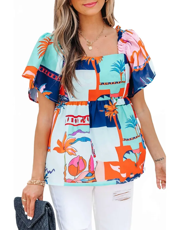 Tropical Printed Square Neck Babydoll Blouse