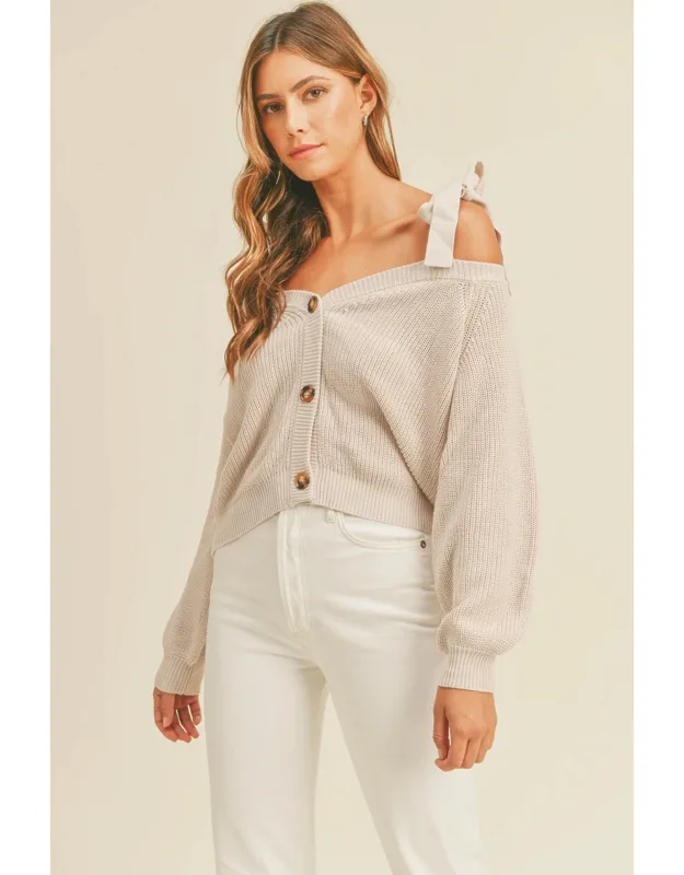 Off Shoulder Self Tie Strap Button Down Sweater