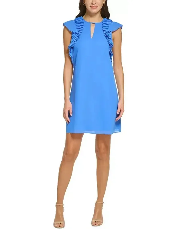 Chiffon Pleated Sleeve Jewel-neck Dress