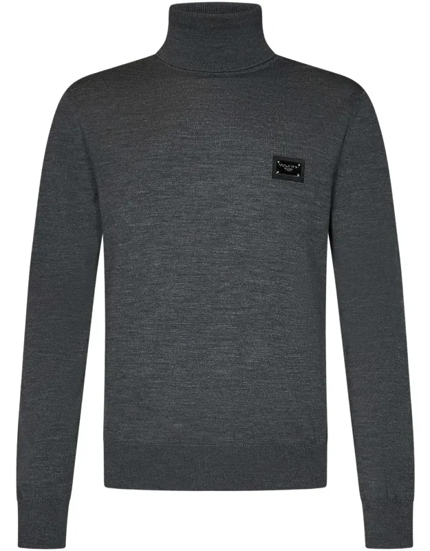 Sweater With Ribbed Turtleneck Collar And Silver Metal Logo Plate
