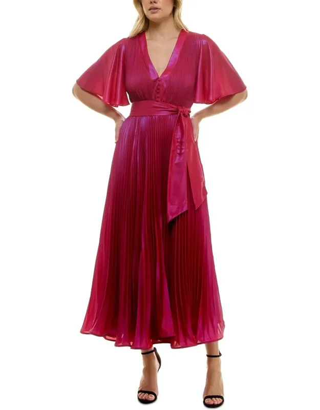 Midi Dress Sunburst-pleated Flutter Sleeve