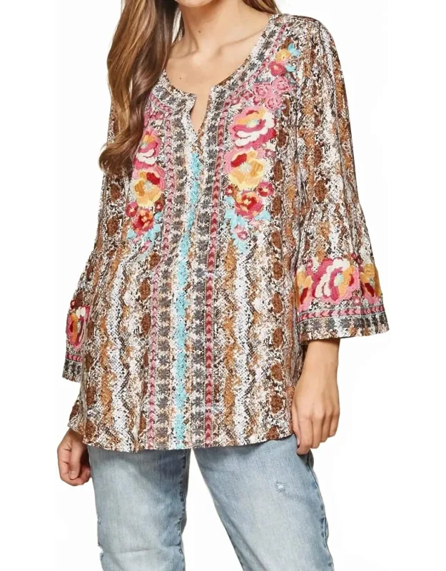 Snake Print Embroidered Top