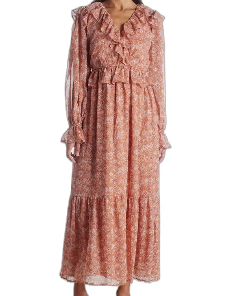 Midi Dress With Aztec Print And Ruffle Puff Sleeves
